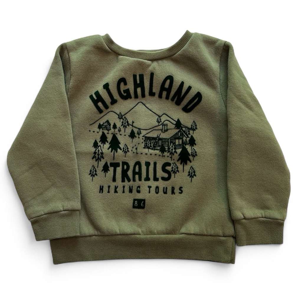 Kids 3T Olive Green Graphic Felt Fleece Sweatshirt Outdoor Hiking Mountain Theme